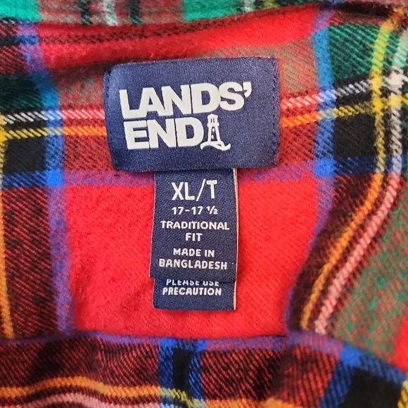 Lands' End Plaid Red & Green Flannel Shirt Mens XL - Picture 8 of 9